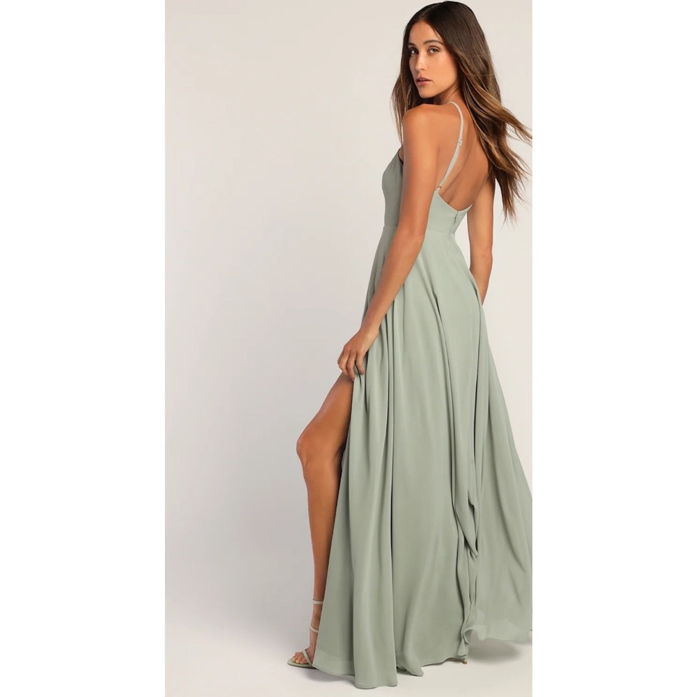 Lulus Sage Green Chiffon Halter Maxi Dress Side Slit Gown Size M - Picture 5 of 8